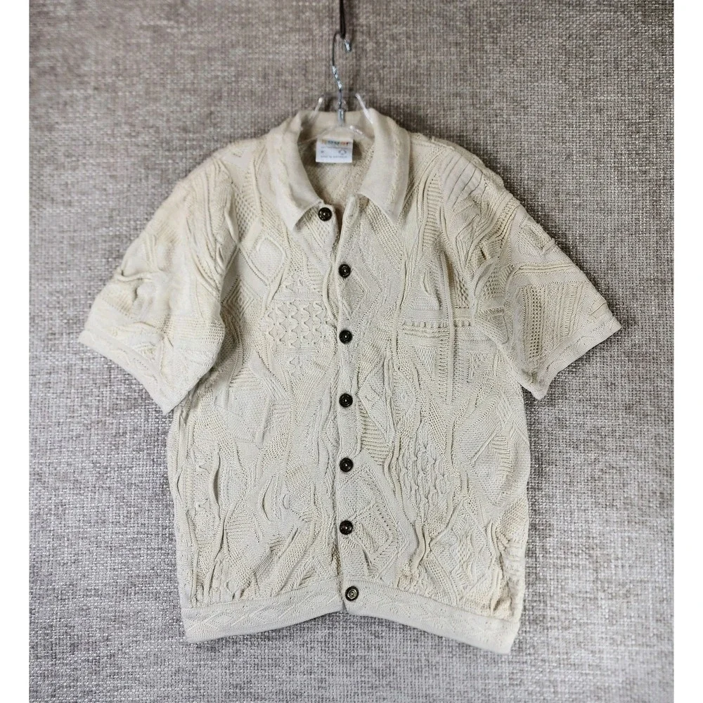 COOGI Australia Cotton 3D Knit Cardigan Mens M Ivory Sweater Short Sleeve VTG